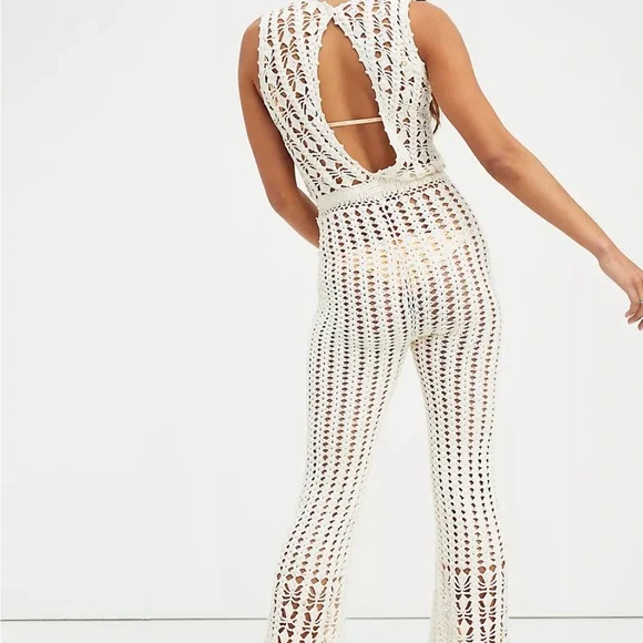Free People Cream Crochet Jumpsuit with Open Back - Picture 2 of 5